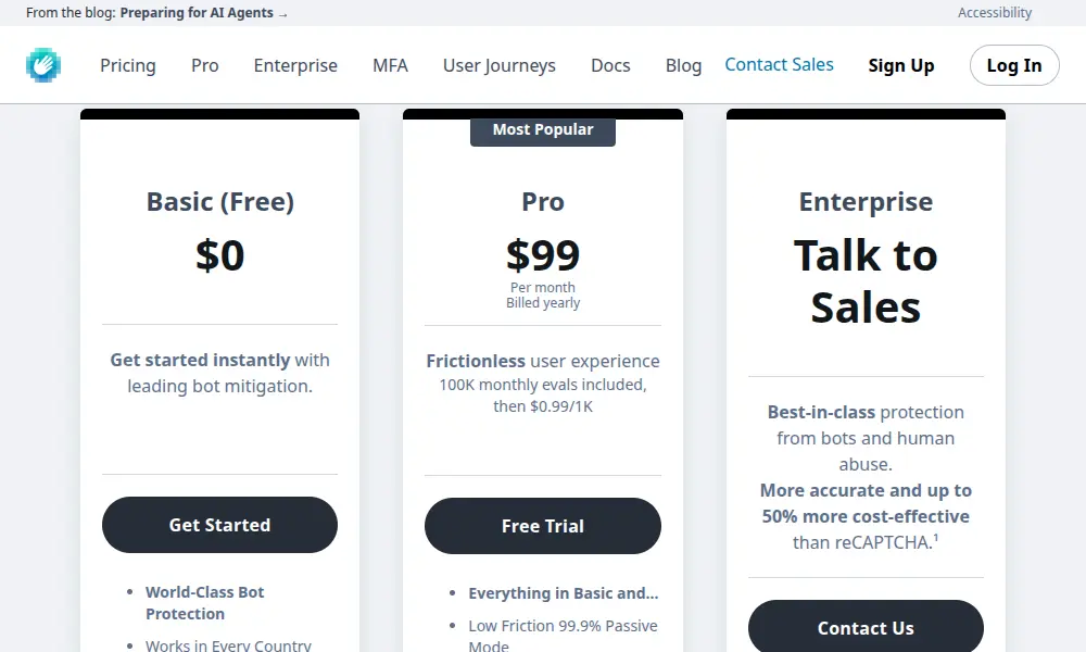 Pricing plans for a bot protection service, including Basic (free), Pro ($99/month), and Enterprise options.