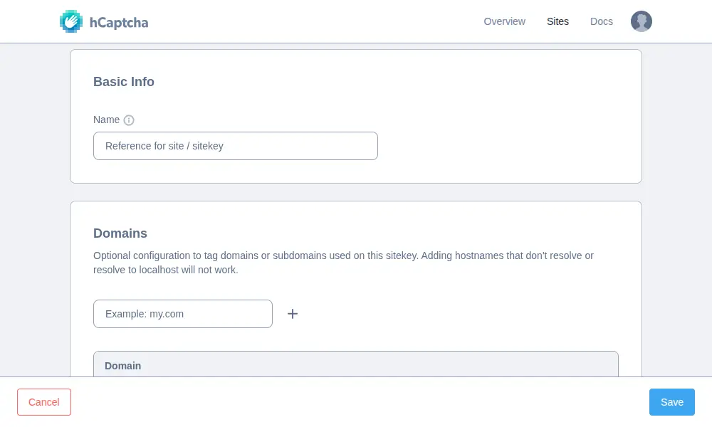 hCaptcha site settings form with basic info (name) and domain configuration.