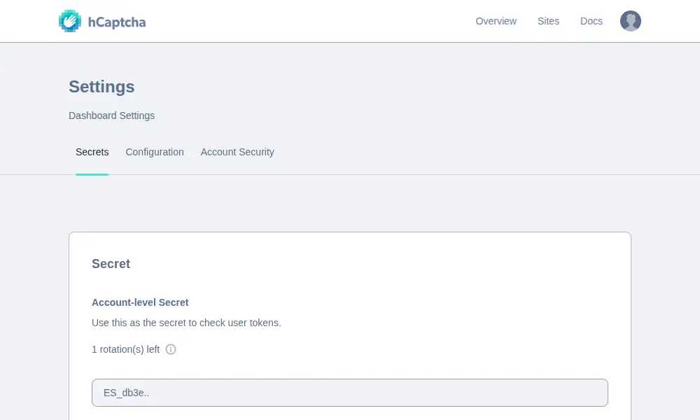 hCaptcha dashboard "Settings" page displaying "Secrets" tab content, including an account-level secret for checking user tokens and rotation information.