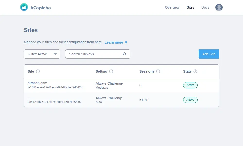 hCaptcha site management dashboard.