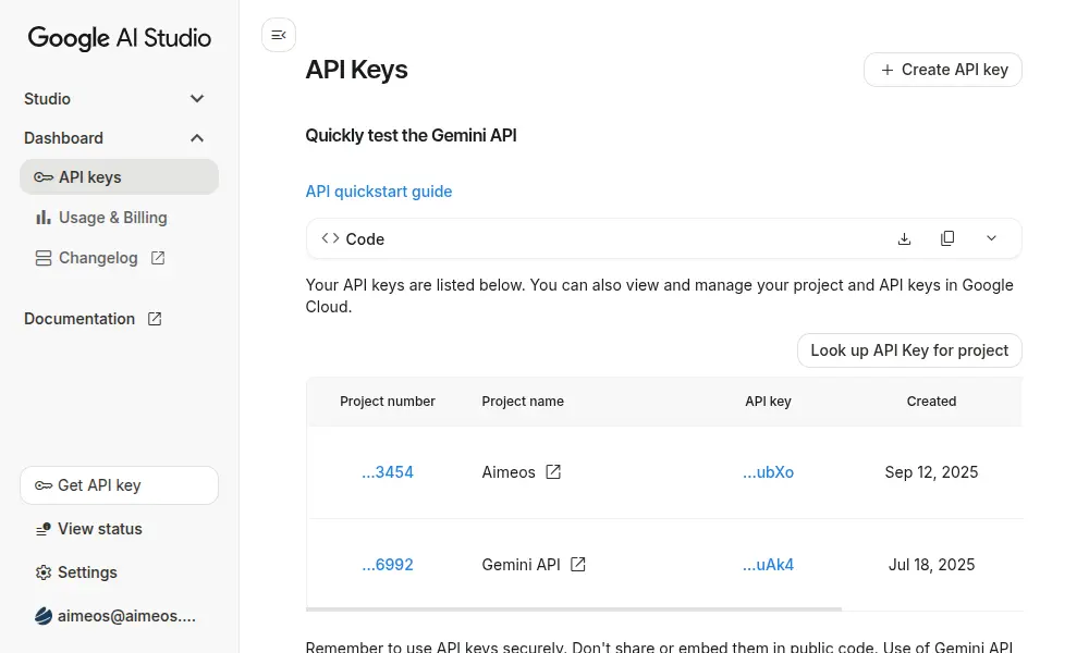 Google AI Studio dashboard showing "API Keys" page with navigation, options to create/manage API keys, a quick test area, and a list of existing API keys for different projects.