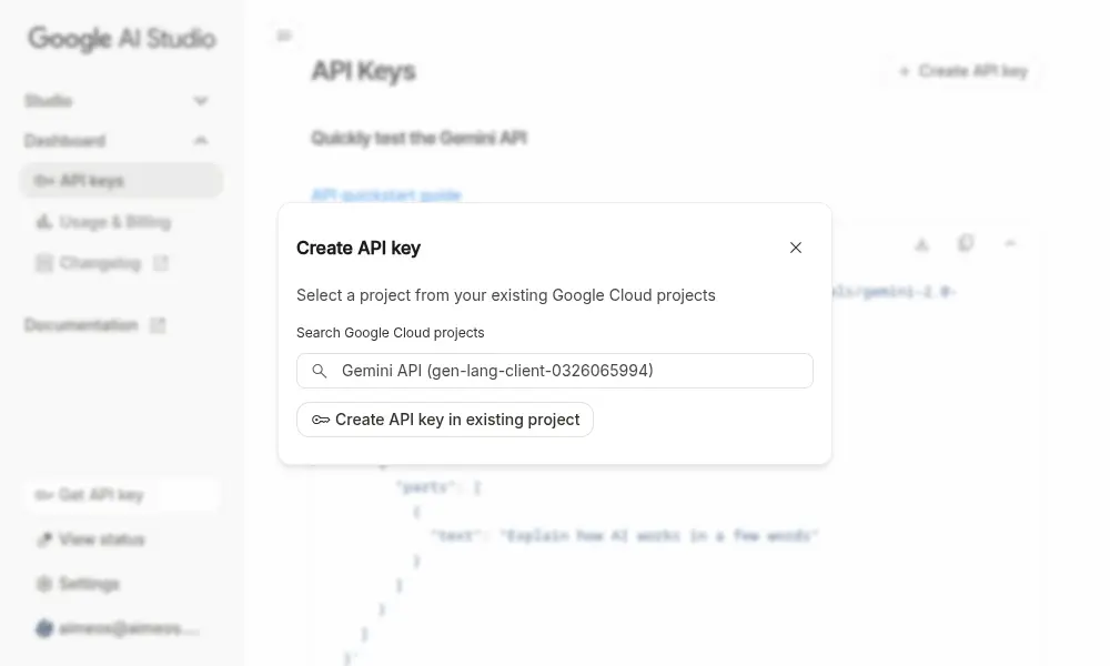 The image shows a user creating an API key for the Gemini API within the Google AI Studio interface, prompting them to select an existing Google Cloud project.