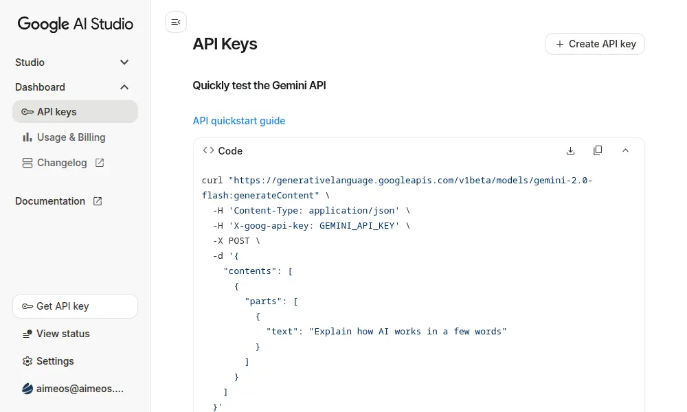 The Google AI Studio API Keys page displays a `curl` command example for testing the Gemini 2.0 Flash model to generate content using a provided API key.