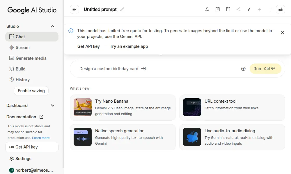 Google AI Studio interface for Gemini API, showcasing various AI tools.