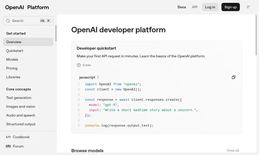 OpenAI developer platform documentation showcasing a JavaScript quickstart guide for making an API request to generate text using a GPT model.