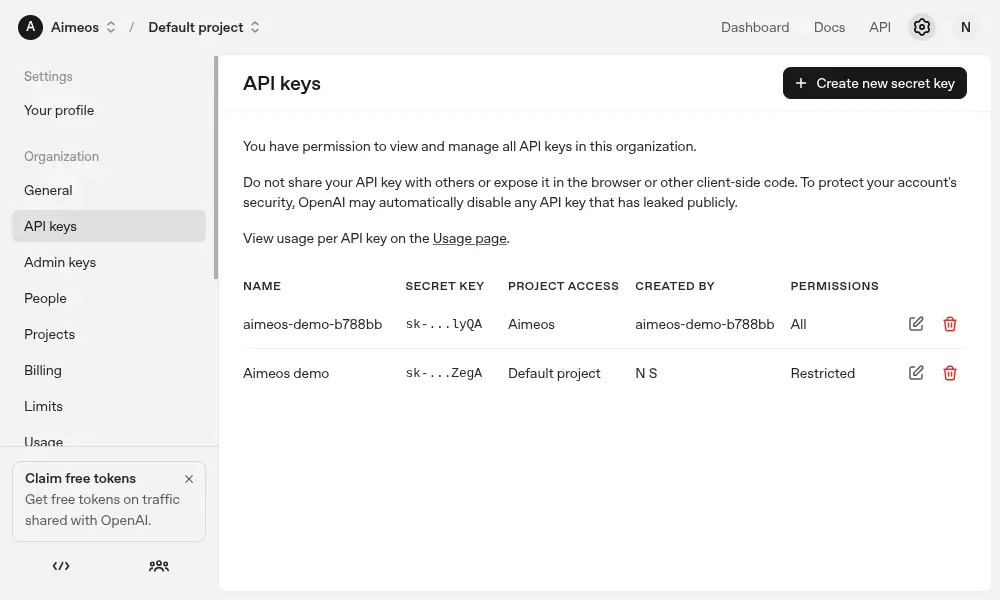 API key management interface for an OpenAI-related service, showing a list of API keys, their details, and options to create, edit, or delete them.