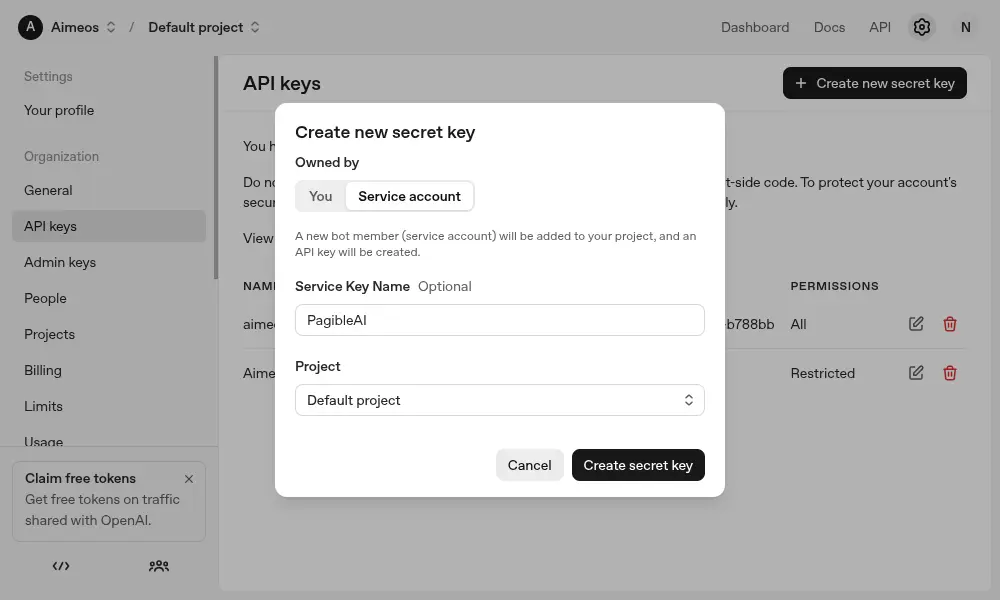 API key management interface with a "Create new secret key" dialog open.