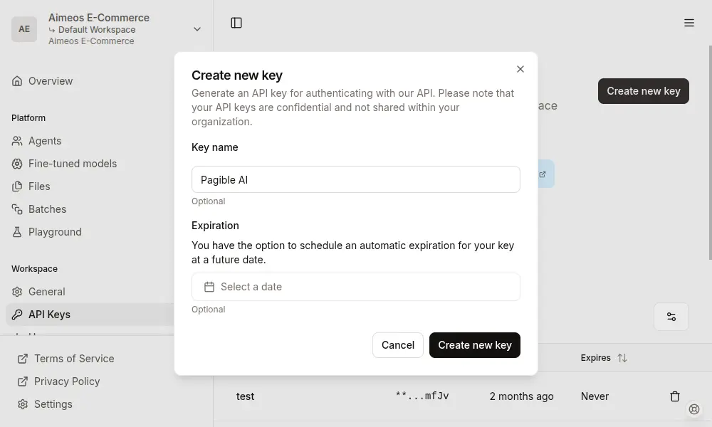 UI for creating a new API key with a pre-filled name "Pagible AI".