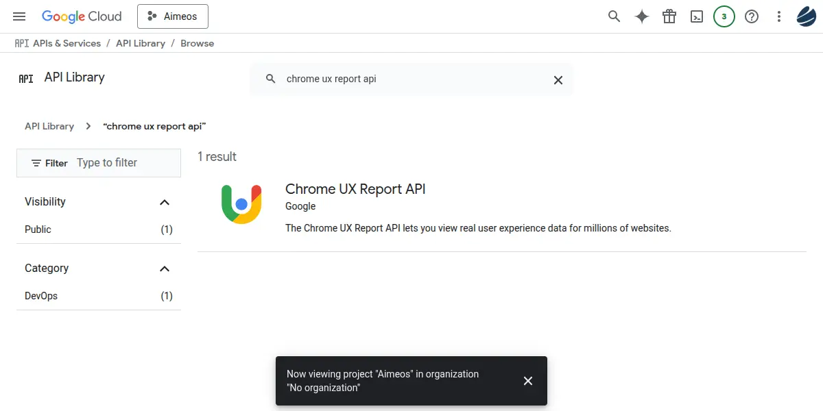 The Google Cloud API Library displays the search result for "Chrome UX Report API", a Google API providing real user experience data.