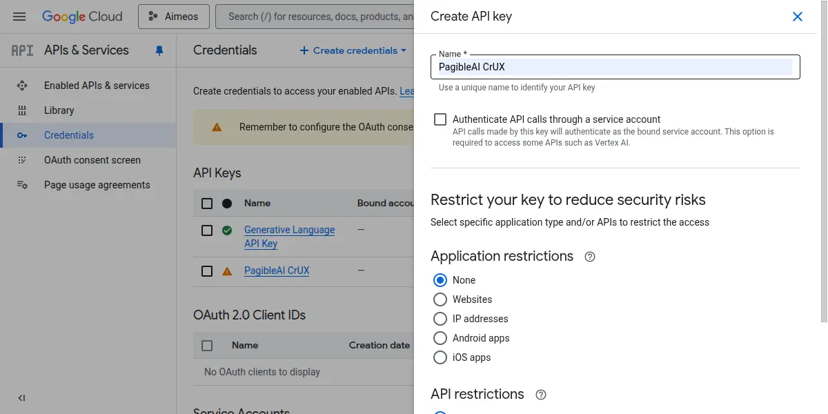 Google Cloud console showing API key management with a "Create API key" dialog open, pre-filled with the name "PagibleAI CrUX", and initial application restriction set to "None".