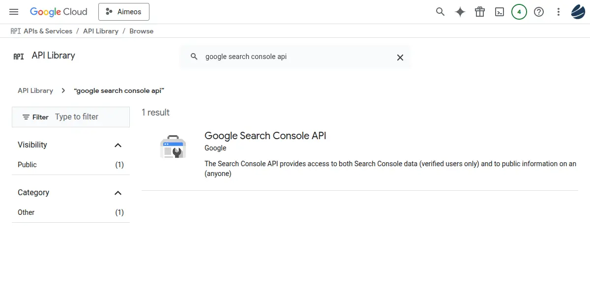Google Cloud API Library showing one result for "google search console api".