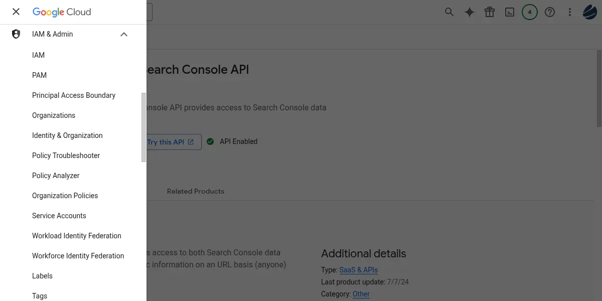 Google Cloud console showing the Search Console API page with an enabled status, a navigation menu for IAM & Admin features, and additional API details like type, last update, and category.