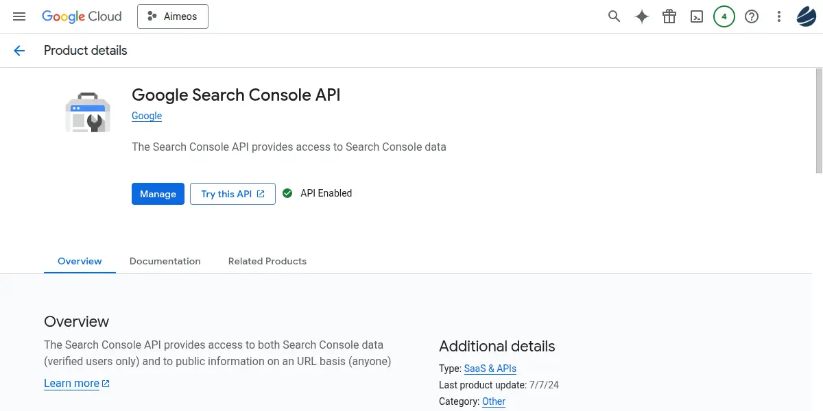Google Search Console API details on Google Cloud.