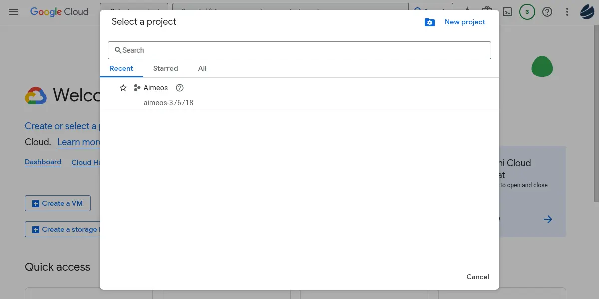 Google Cloud "Select a project" dialog with "Aimeos" project listed.