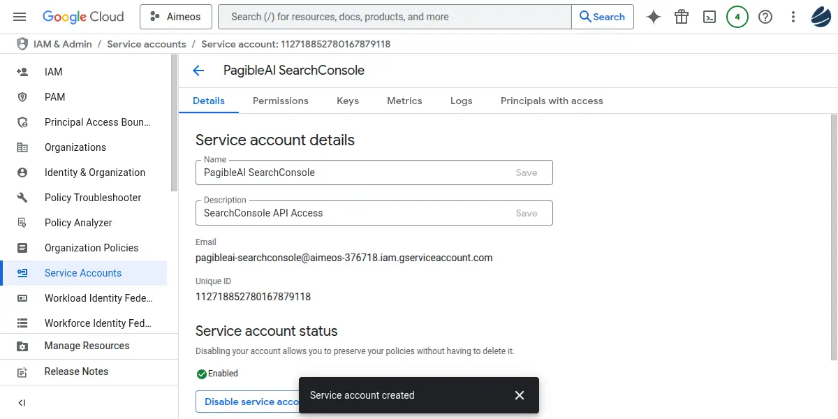 Google Cloud Platform displaying details of the 'PagibleAI SearchConsole' service account, confirmed as enabled and recently created.