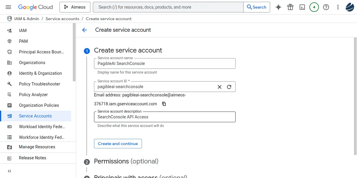 Google Cloud service account creation details.
