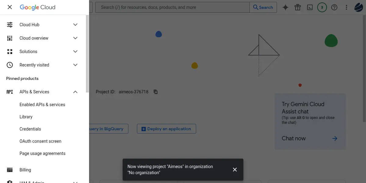 Google Cloud console with an open navigation menu, showing project details and a Gemini Cloud Assist chat prompt, along with a notification about the currently viewed project "Aimeos" within "No organization".