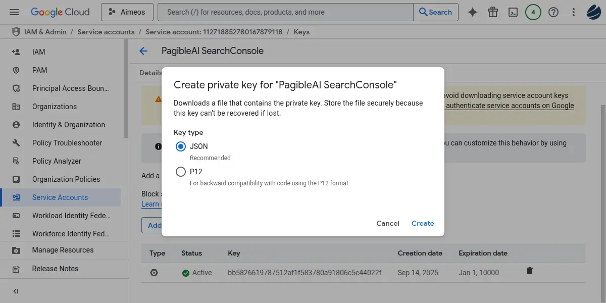 Google Cloud dialog for creating a service account private key (JSON or P12), with a secure storage warning.