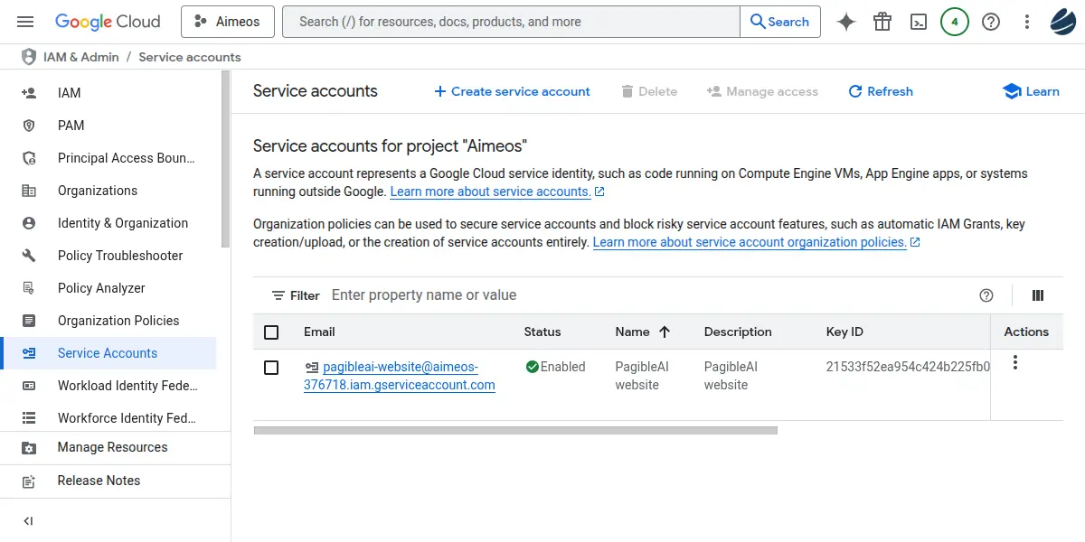 Google Cloud Platform's "Service accounts" page for the project "Aimeos," showing one enabled service account named "PagibleAI website" with its email, status, name, description, and key ID.