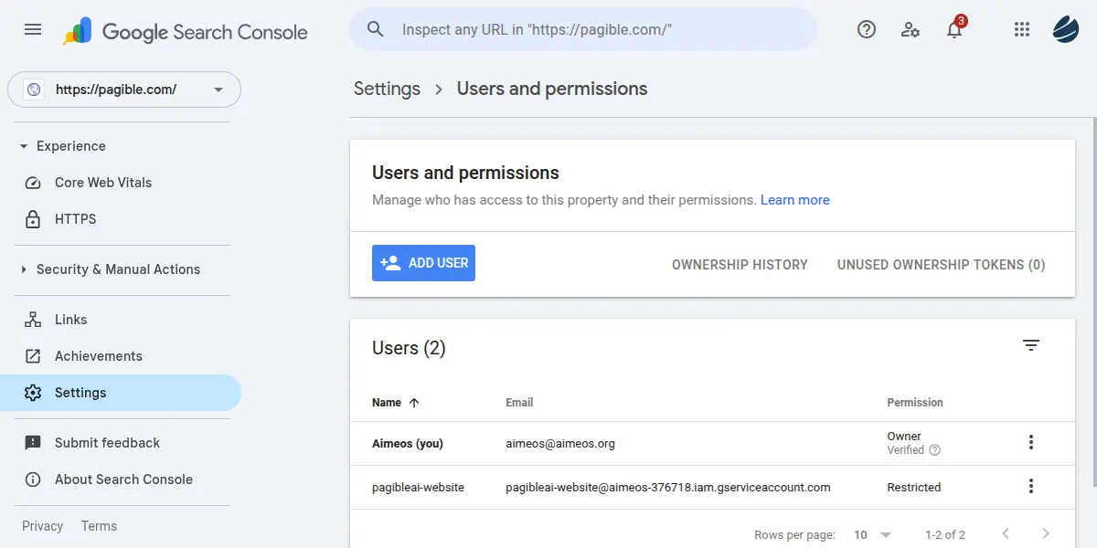 Google Search Console user permissions for pagible.com.
