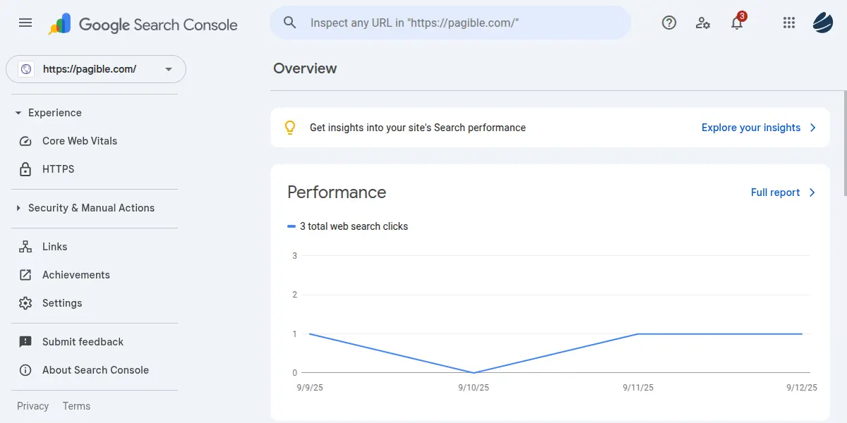 Google Search Console overview for pagible.com, displaying search performance data including 3 total web search clicks.