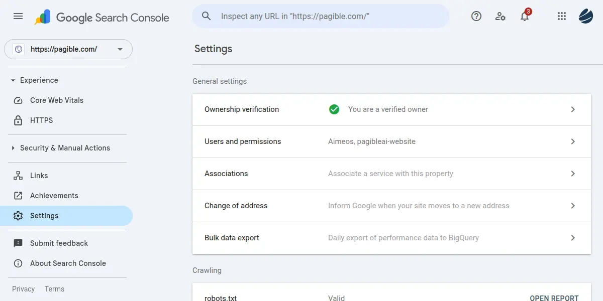 Google Search Console settings for pagible.com, showing ownership verification, user permissions, data export options, and robots.txt status.