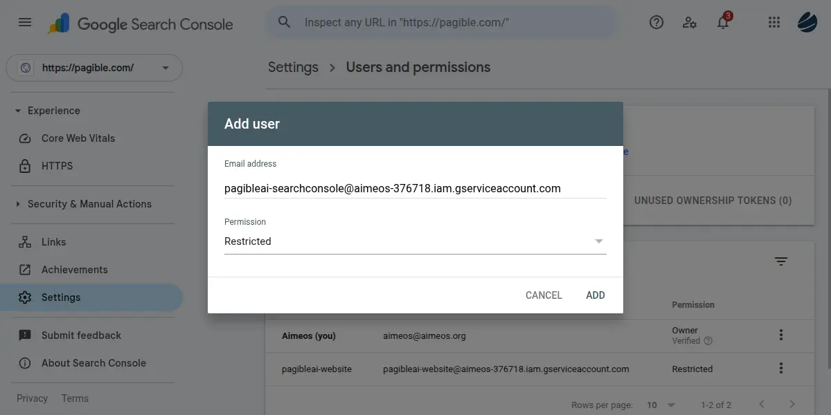 Google Search Console user addition dialog.