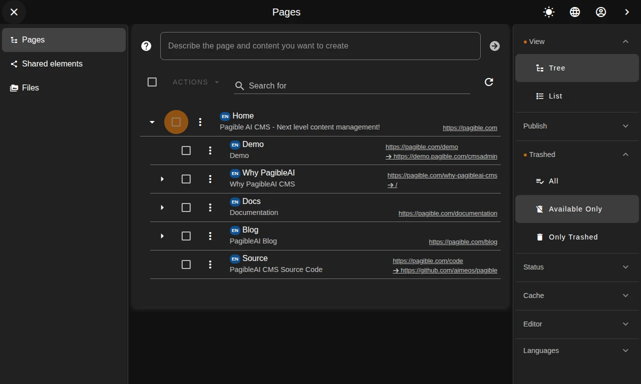 A content management system's page management interface, showing a hierarchical list of pages with search and filter options.