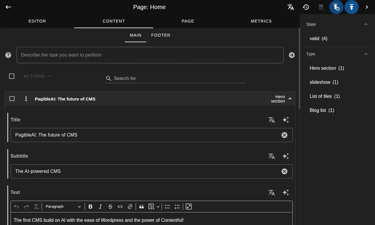 The image displays a Content Management System (CMS) interface for editing a "Home" page, showing fields for title, subtitle, and text content for a "Hero section" titled "PagibleAI: The future of CMS". It includes options for editing, content, page, and metrics, along with a sidebar filtering content types like "Hero section," "slideshow," "List of tiles," and "Blog list."