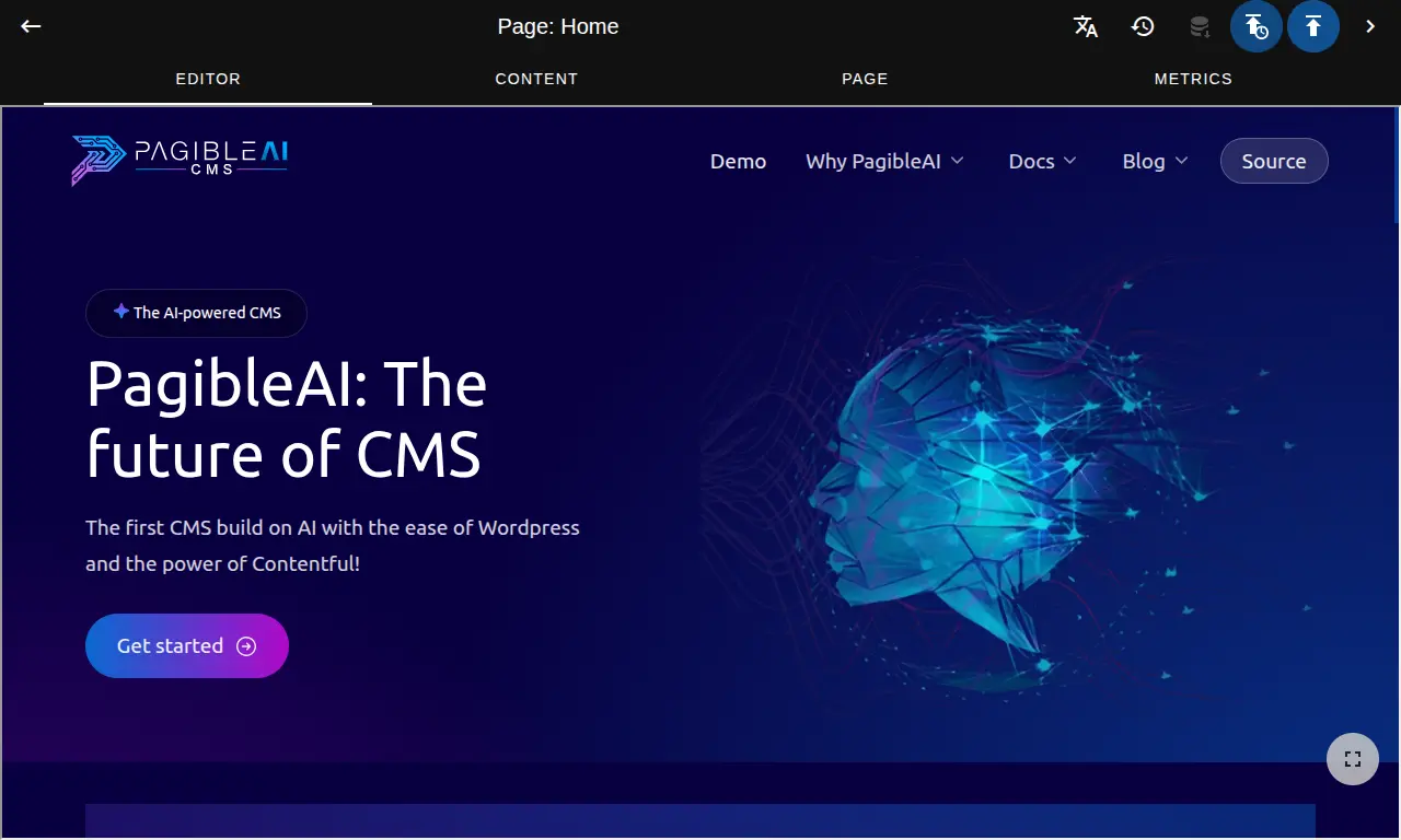PagibleAI CMS homepage, an AI-powered content management system.
