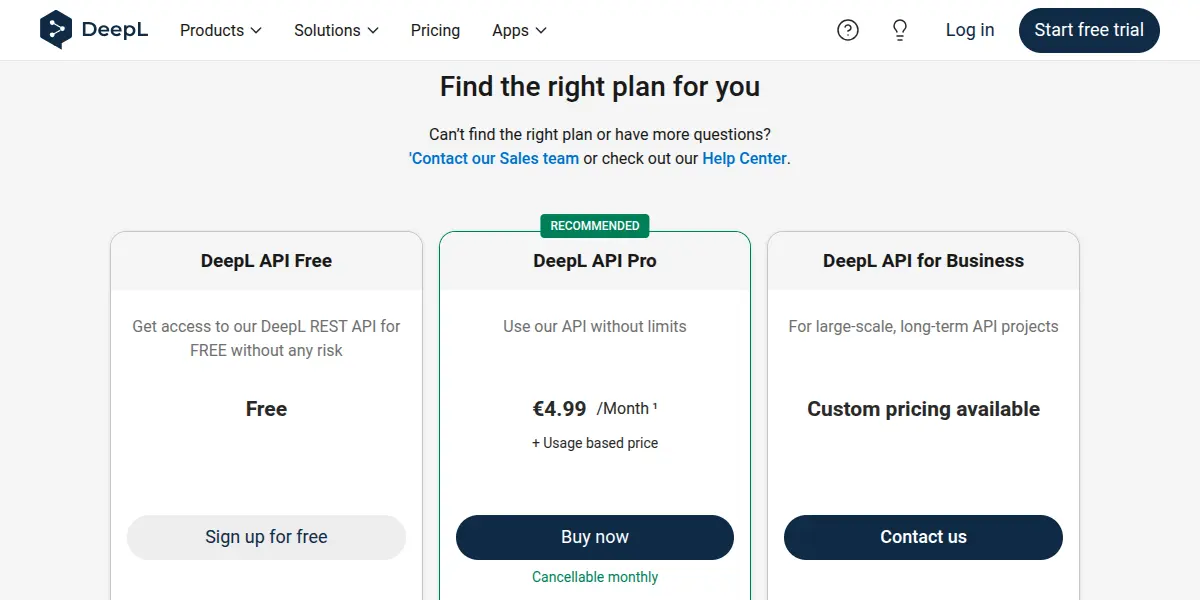 DeepL API pricing page displaying Free, Pro, and Business plans.