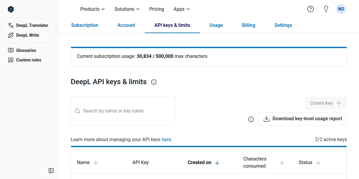 DeepL API key management dashboard displaying subscription usage, a search function for keys, options to create/download usage reports, and a table for active API keys.