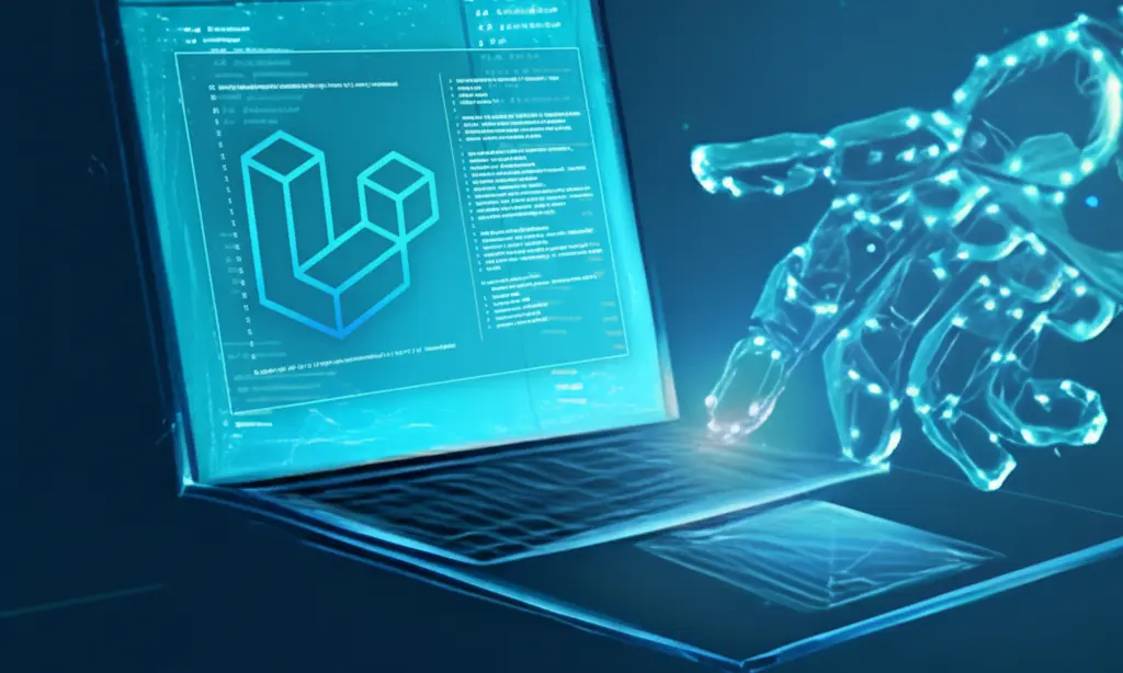 Digital hand interacting with laptop displaying Laravel logo.