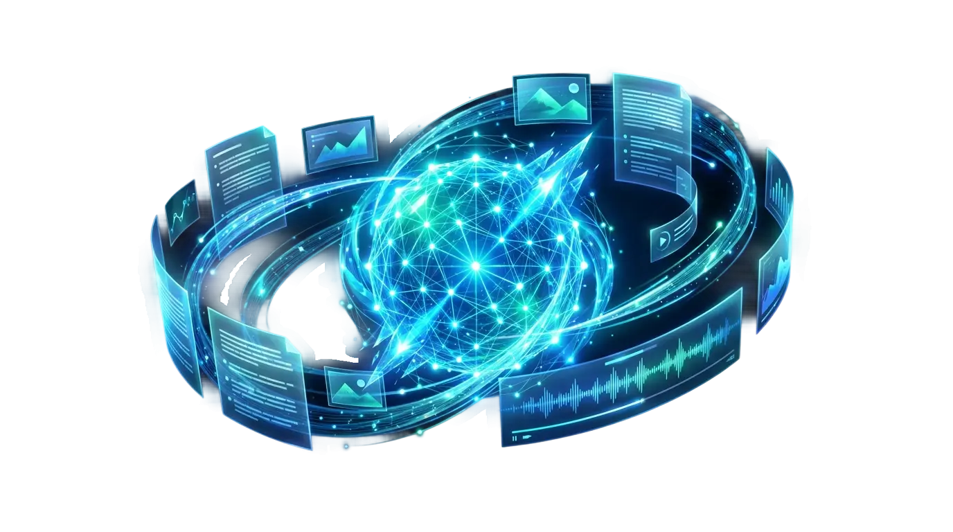 Glowing blue and teal AI core spiralling light ribbons into pages, images and audio waveforms, symbolizing PagibleAI CMS 0.6