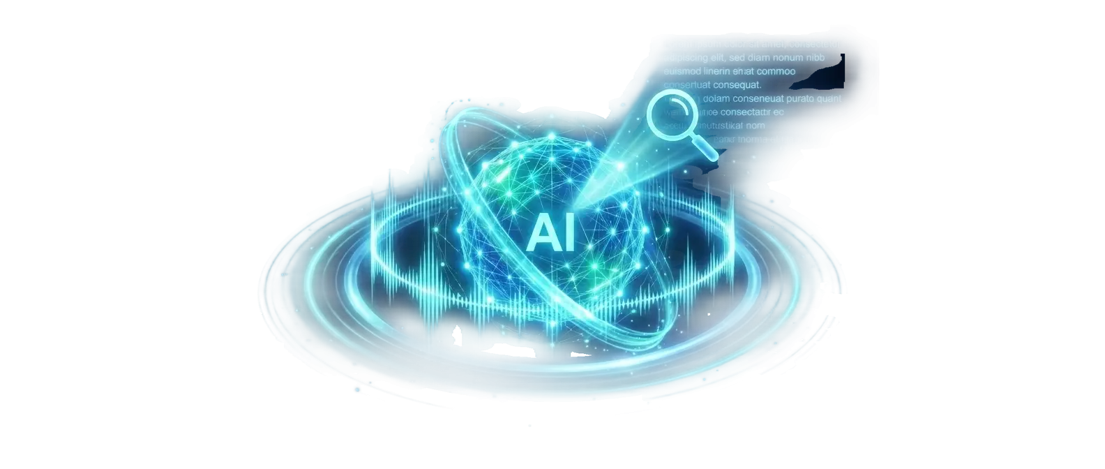 Glowing blue and teal AI core radiating light ribbons that resolve into an audio waveform, sound rings, a search beam and floating transcript lines, symbolizing PagibleAI CMS 0.8 giving content a voice and making it searchable