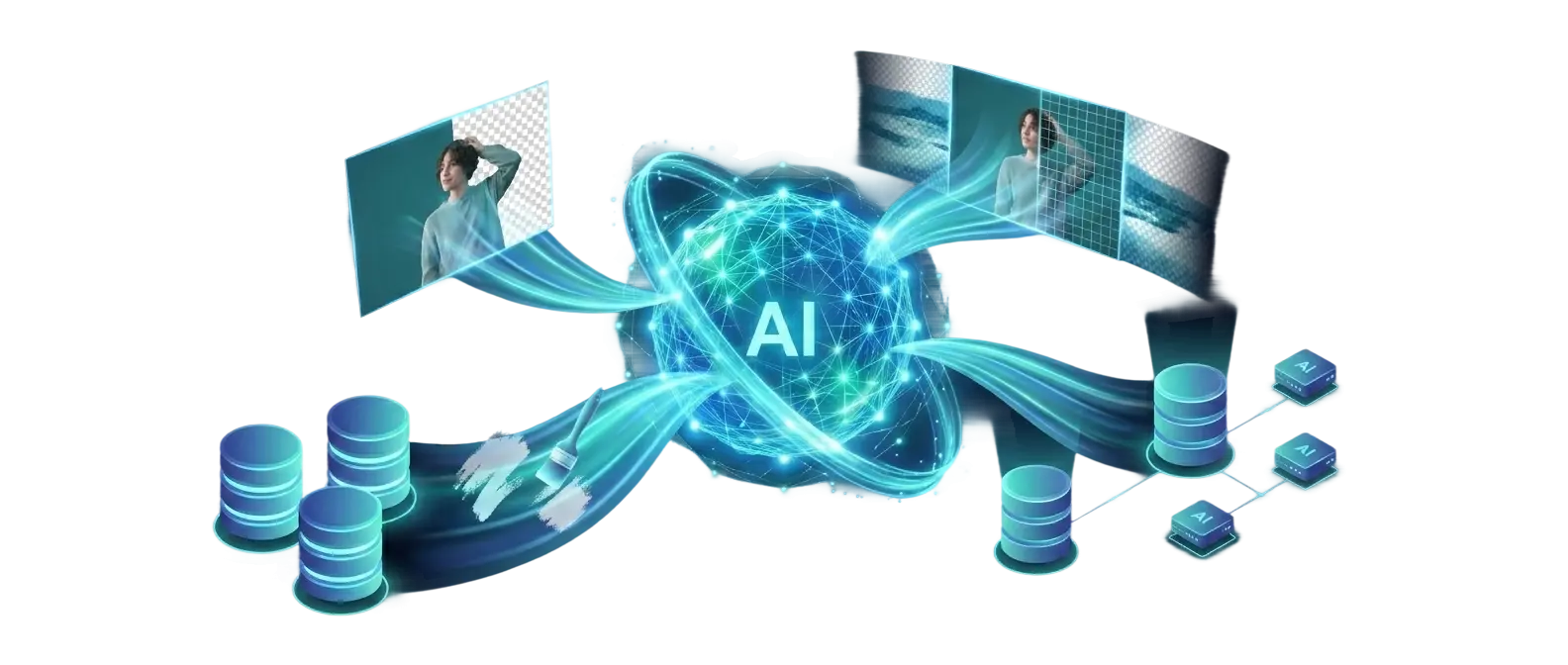 Glowing blue and teal AI core radiating light ribbons that reshape a floating image canvas — removing a background, repainting and upscaling pixels and extending the canvas — surrounded by luminous database cylinders and server nodes, symbolizing PagibleAI CMS 0.9 AI image editing across multiple databases