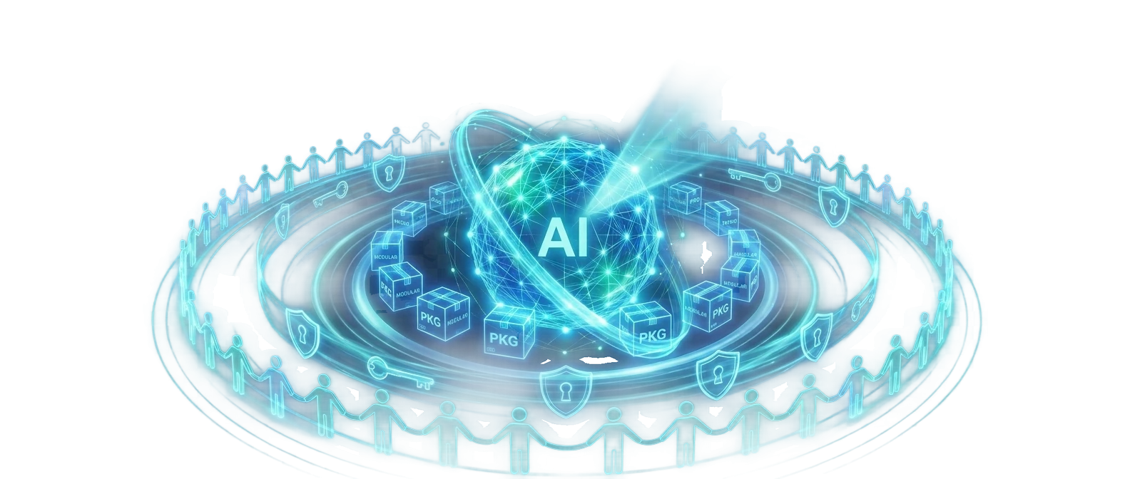 Glowing blue and teal AI core radiating light ribbons that resolve into a ring of connected people, permission shields and modular package blocks, symbolizing PagibleAI CMS 0.10 built for teams on a modular architecture