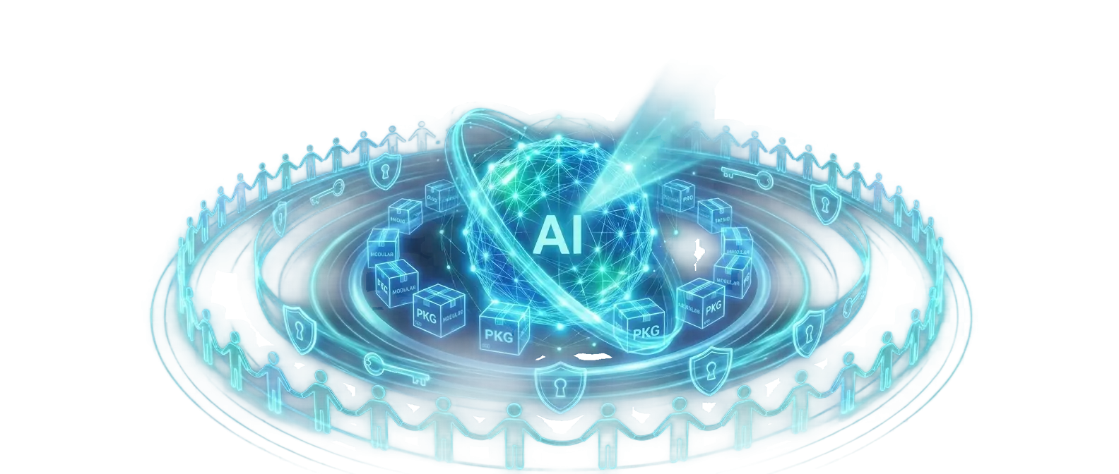 Glowing blue and teal AI core radiating light ribbons that resolve into a ring of connected people, permission shields and modular package blocks, symbolizing PagibleAI CMS 0.10 built for teams on a modular architecture