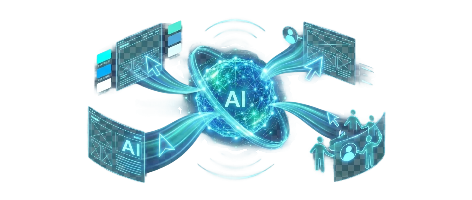 Glowing blue and teal AI core radiating light ribbons that resolve into connected editor cursors, user avatars, theme swatches and broadcast waves, symbolizing PagibleAI CMS 0.11 real-time collaboration and theming
