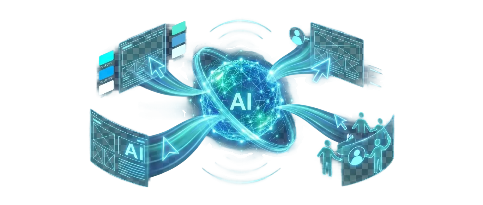 Glowing blue and teal AI core radiating light ribbons that resolve into connected editor cursors, user avatars, theme swatches and broadcast waves, symbolizing PagibleAI CMS 0.11 real-time collaboration and theming
