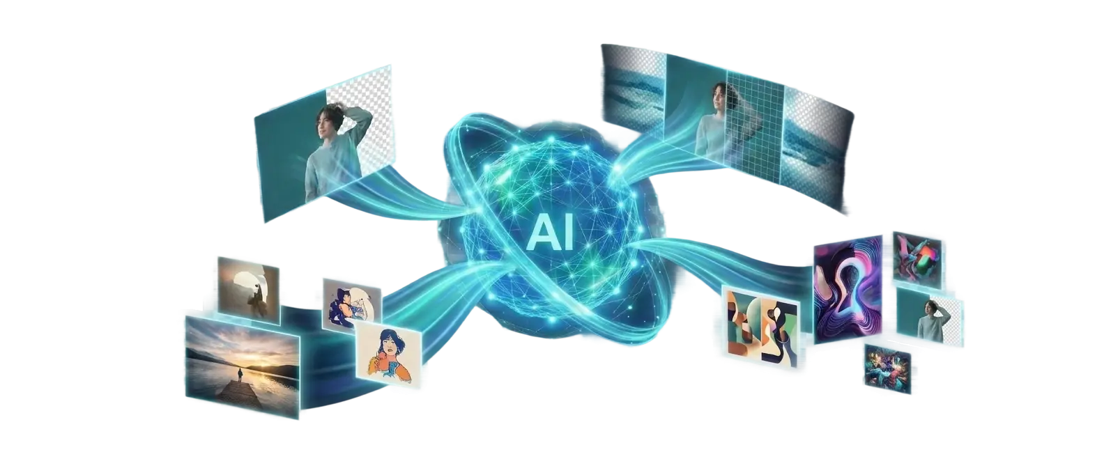 Glowing blue and teal AI core radiating light ribbons that resolve into floating picture frames and image canvases, symbolizing AI-generated images enhancing content in PagibleAI