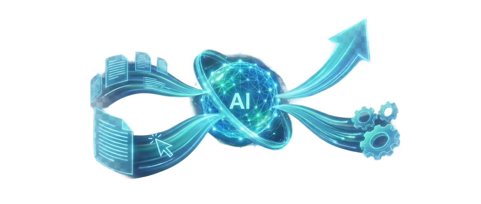 Glowing blue and teal AI core radiating light ribbons that resolve into a rising productivity arrow, document lines, a writing cursor and gears, symbolizing AI boosting editor productivity in PagibleAI