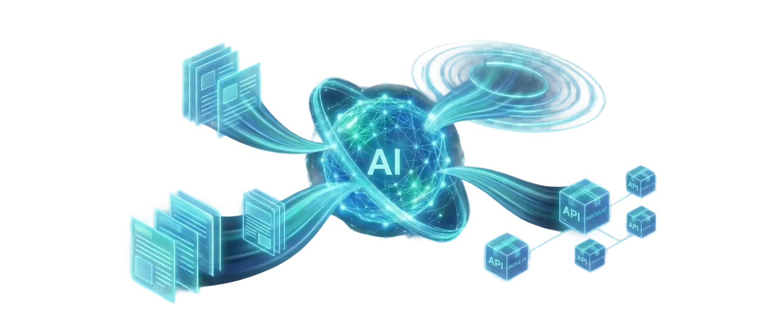 Glowing blue and teal AI core radiating light ribbons that resolve into organized content blocks, pages, API nodes and scaling layers, symbolizing the powerful and scalable PagibleAI CMS