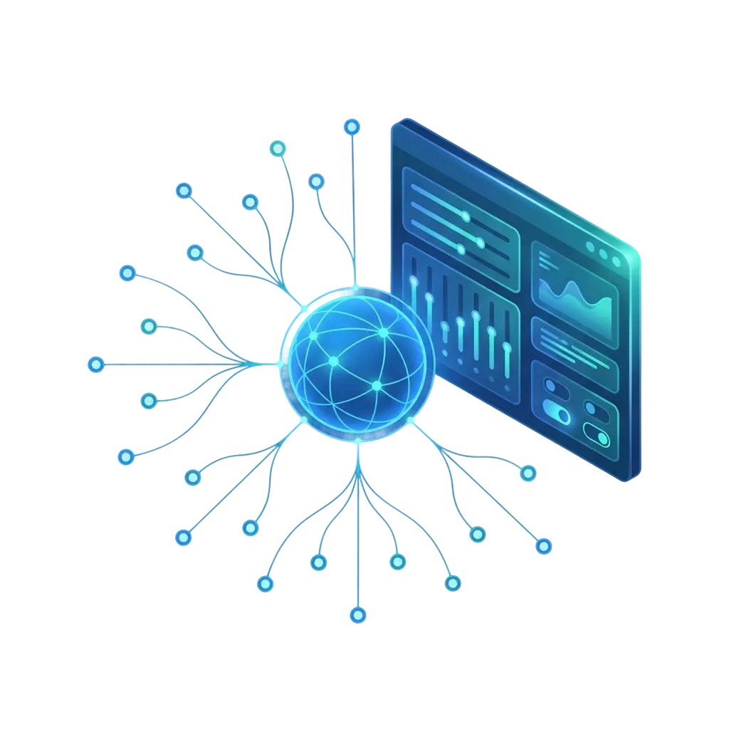 Illustration of a GraphQL admin API as a connected graph of data nodes with an admin control panel, in blue and teal