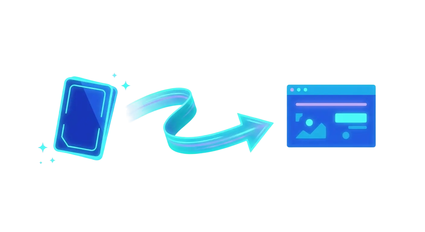 Simple three-step icon of a prompt card flowing into a finished web page, in deep blue and cyan