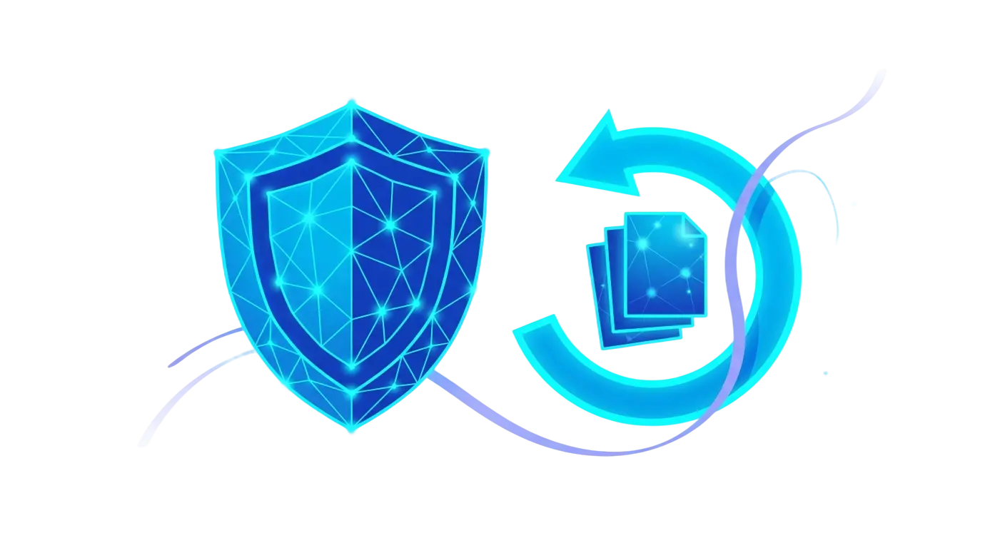 Simple icon of a glowing shield and a rollback arrow around a small stack of version snapshots, in deep blue and cyan