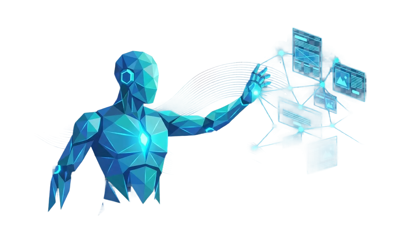Low-poly AI agent orchestrating floating content panels connected by a glowing cyan network, representing an agentic CMS