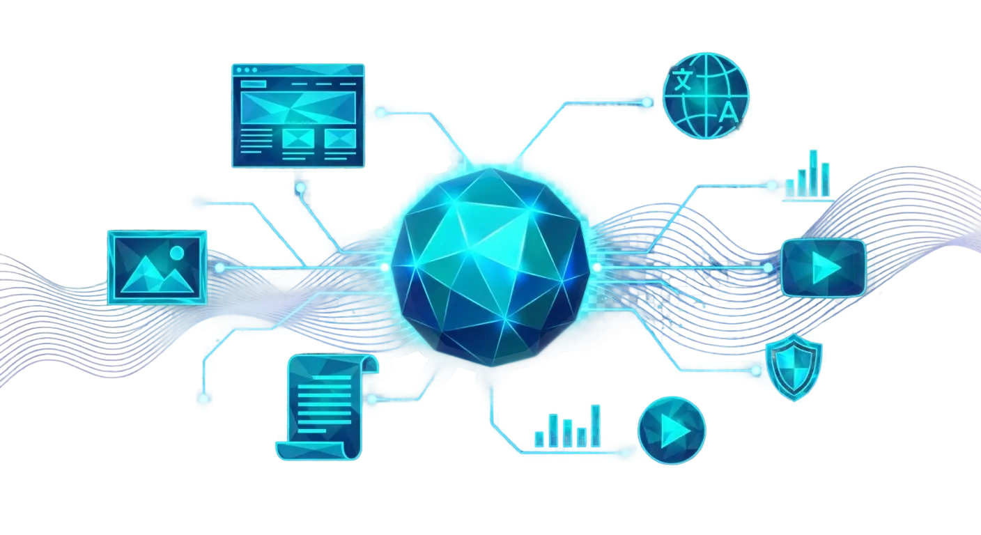 Glowing low-poly hub with content feature elements — page, image, text, translation, chart, media and shield — radiating out on a cyan network, representing an all-in-one AI-powered CMS