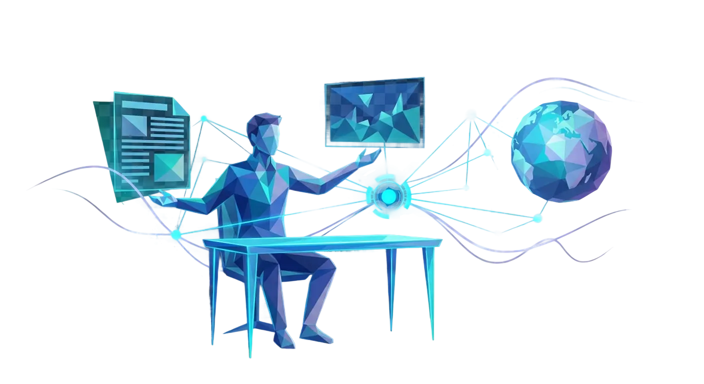 Low-poly 3D editor orchestrating AI-generated content panels, connected by a glowing electric-blue network with cyan nodes and lavender accents
