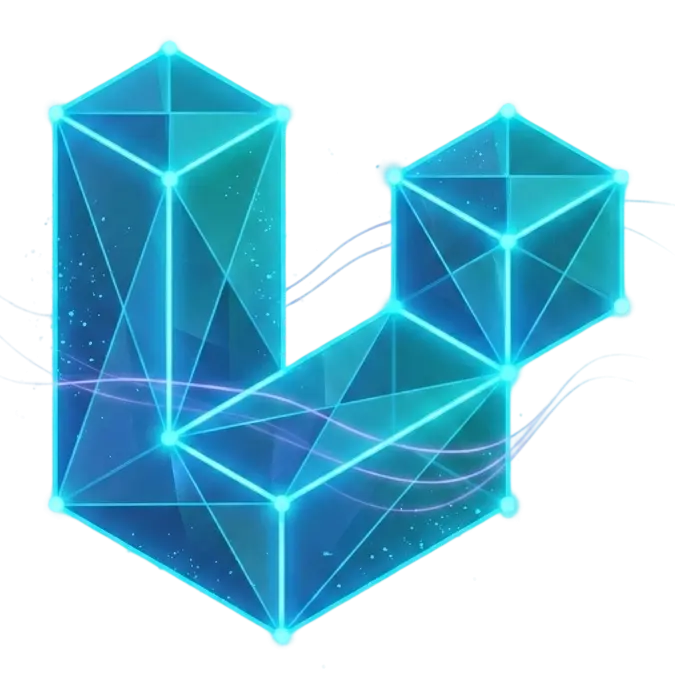 Low-poly 3D Laravel logo matching the official isometric mark, glowing cyan edges and node vertices with lavender accents